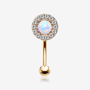 Rose Gold Brilliant Sparkle Gems Fire Opal Prong Set Curved Barbell-White Opal